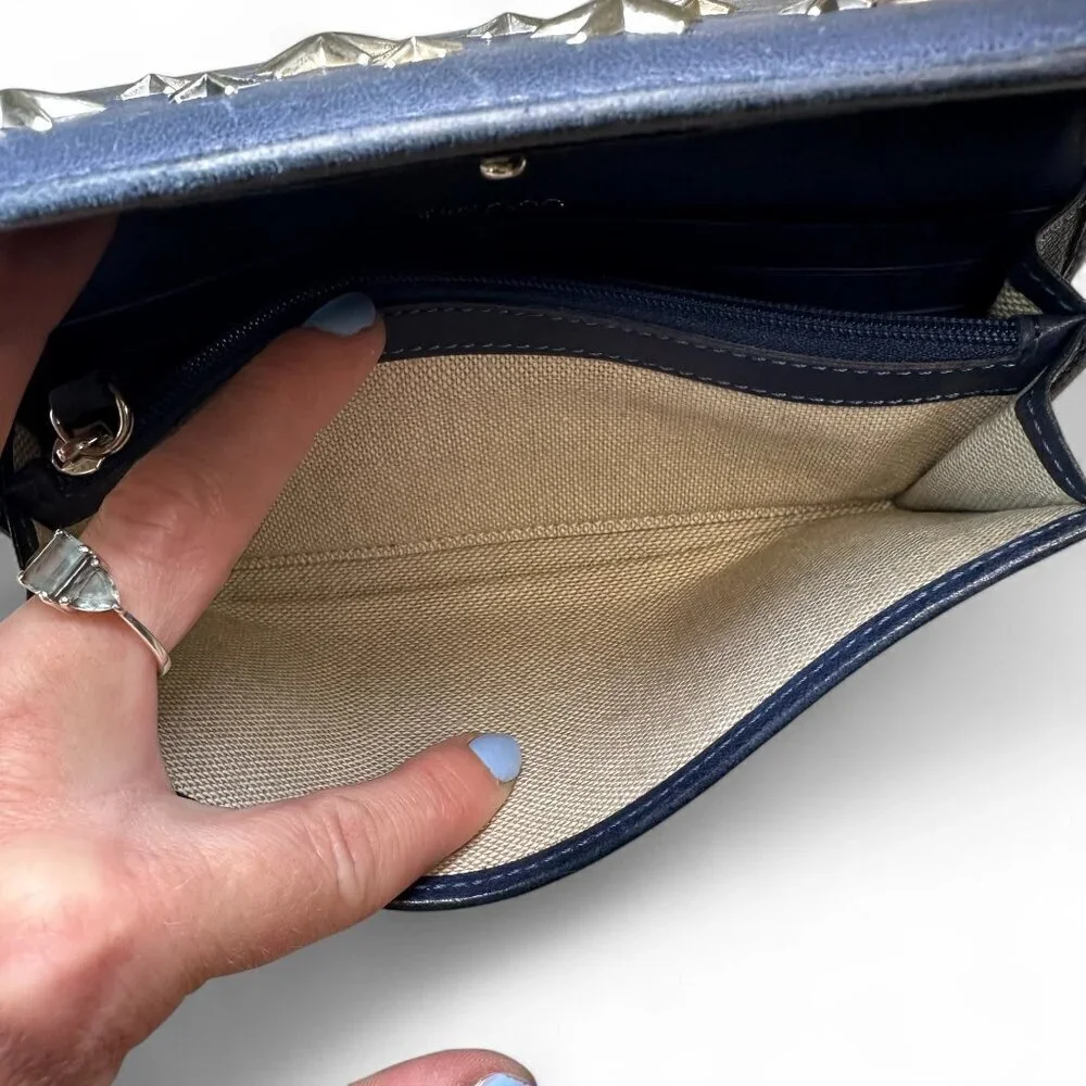 Jimmy Choo Navy Blue Long Leather Wallet with Silver Star Studs